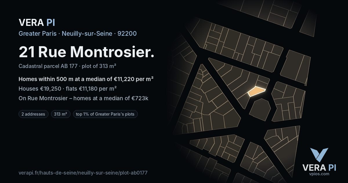 21 Rue Montrosier, Neuilly-sur-Seine at night – the plot lit, the parcels around coloured by the prices near them
