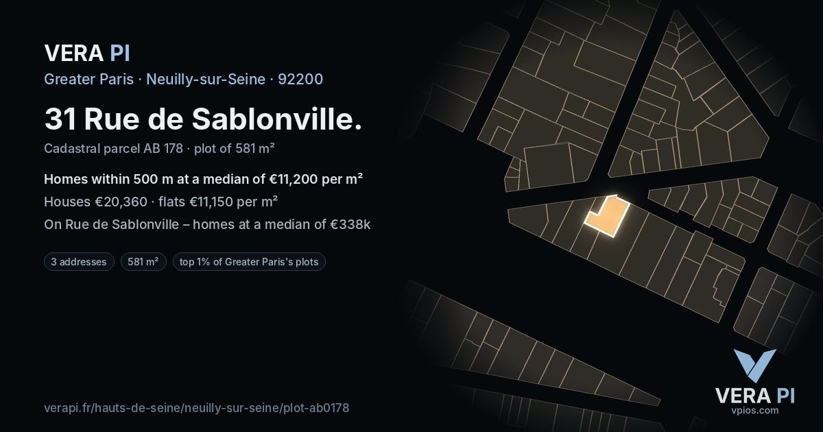 31 Rue de Sablonville, Neuilly-sur-Seine at night – the plot lit, the parcels around coloured by the prices near them