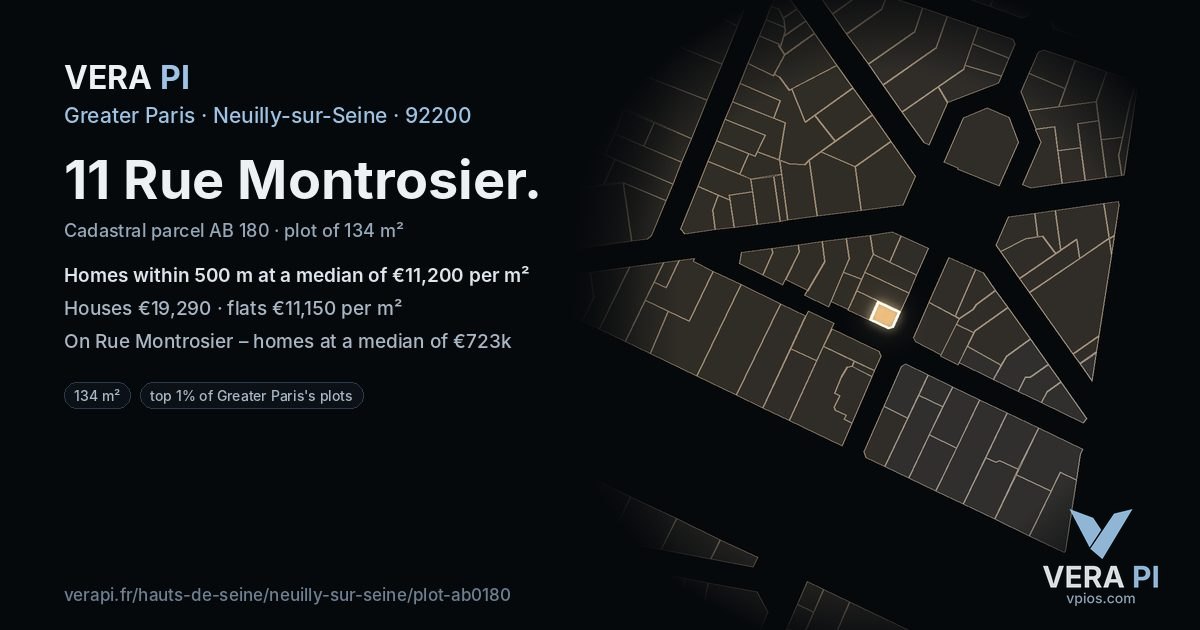 11 Rue Montrosier, Neuilly-sur-Seine at night – the plot lit, the parcels around coloured by the prices near them