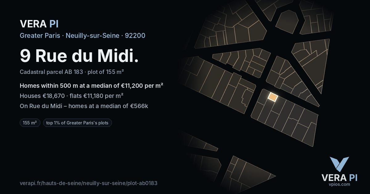 9 Rue du Midi, Neuilly-sur-Seine at night – the plot lit, the parcels around coloured by the prices near them