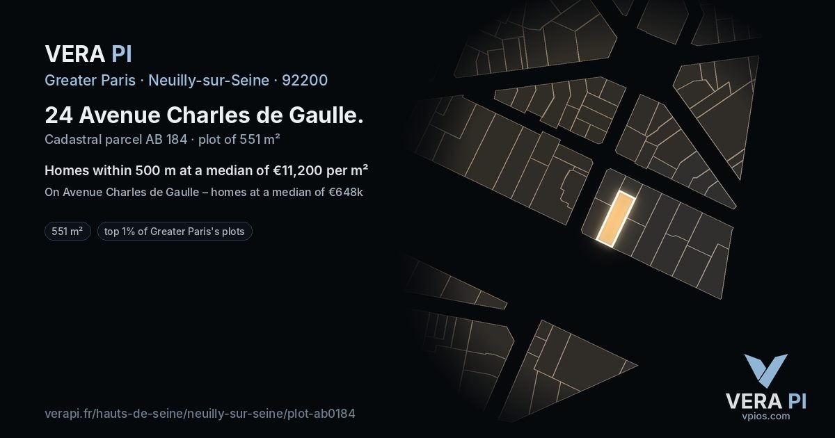 24 Avenue Charles de Gaulle, Neuilly-sur-Seine at night – the plot lit, the parcels around coloured by the prices near them