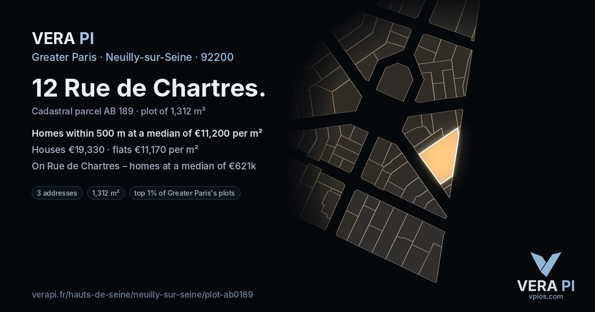 12 Rue de Chartres, Neuilly-sur-Seine at night – the plot lit, the parcels around coloured by the prices near them
