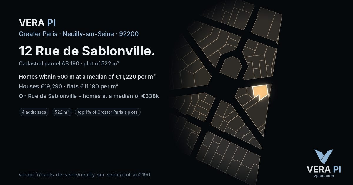 12 Rue de Sablonville, Neuilly-sur-Seine at night – the plot lit, the parcels around coloured by the prices near them