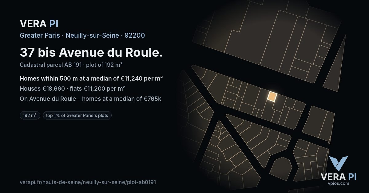 37 bis Avenue du Roule, Neuilly-sur-Seine at night – the plot lit, the parcels around coloured by the prices near them
