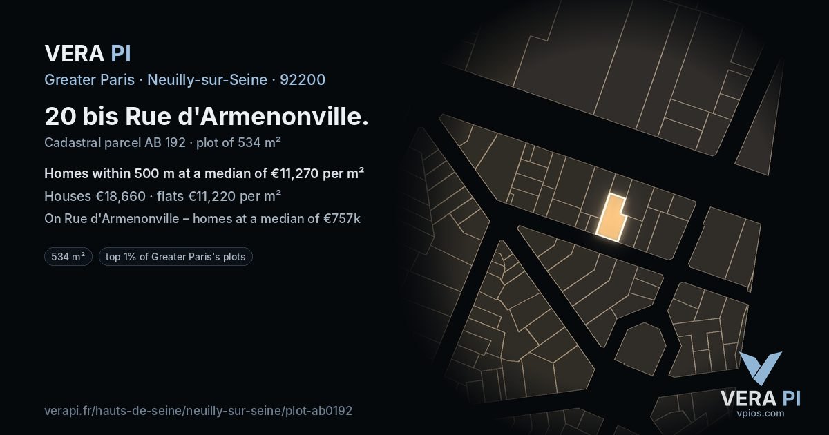 20 bis Rue d'Armenonville, Neuilly-sur-Seine at night – the plot lit, the parcels around coloured by the prices near them