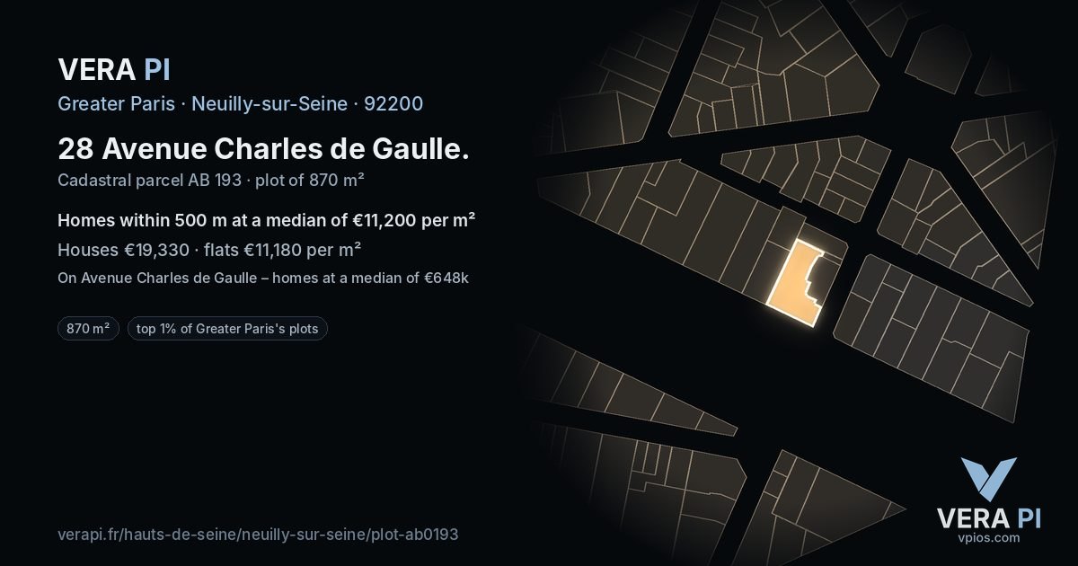 28 Avenue Charles de Gaulle, Neuilly-sur-Seine at night – the plot lit, the parcels around coloured by the prices near them