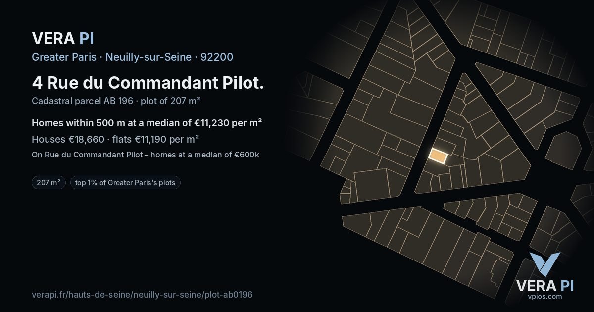 4 Rue du Commandant Pilot, Neuilly-sur-Seine at night – the plot lit, the parcels around coloured by the prices near them