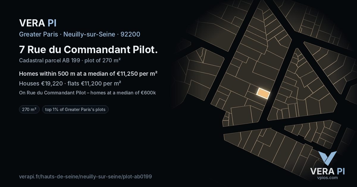 7 Rue du Commandant Pilot, Neuilly-sur-Seine at night – the plot lit, the parcels around coloured by the prices near them