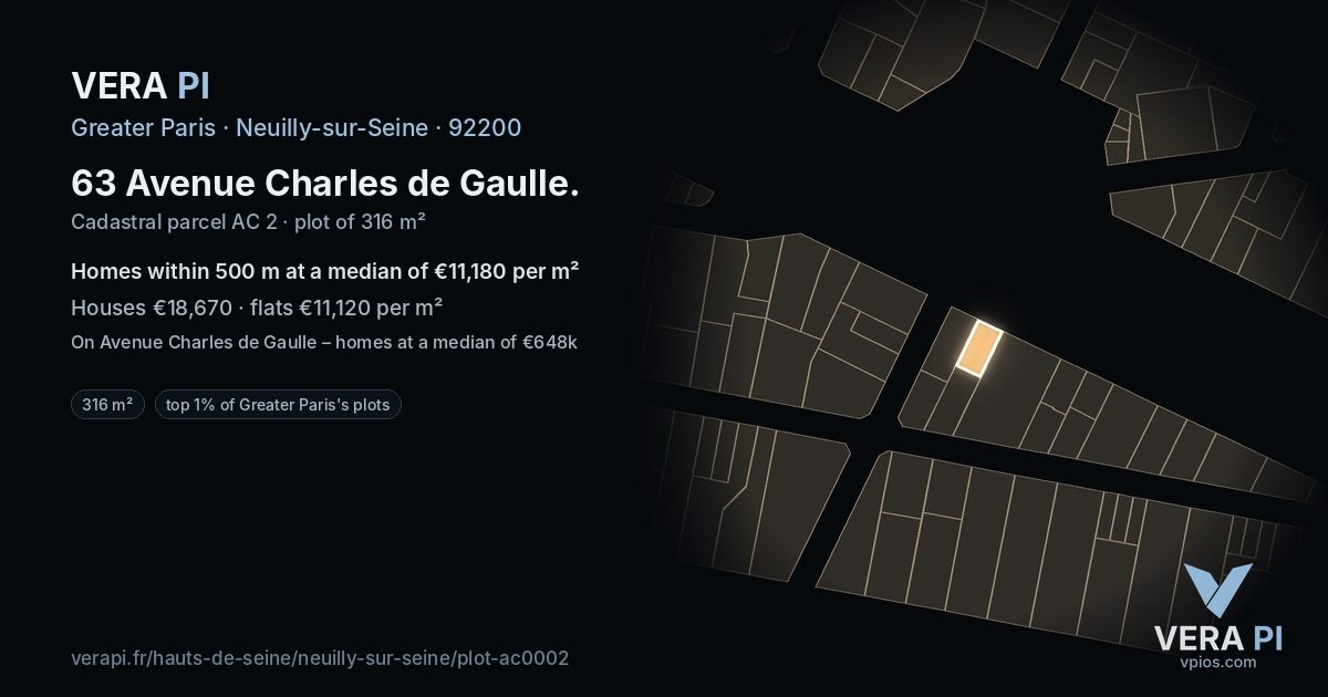 63 Avenue Charles de Gaulle, Neuilly-sur-Seine at night – the plot lit, the parcels around coloured by the prices near them