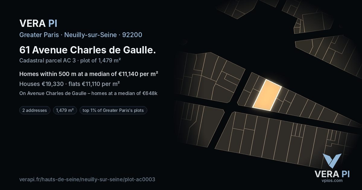 61 Avenue Charles de Gaulle, Neuilly-sur-Seine at night – the plot lit, the parcels around coloured by the prices near them