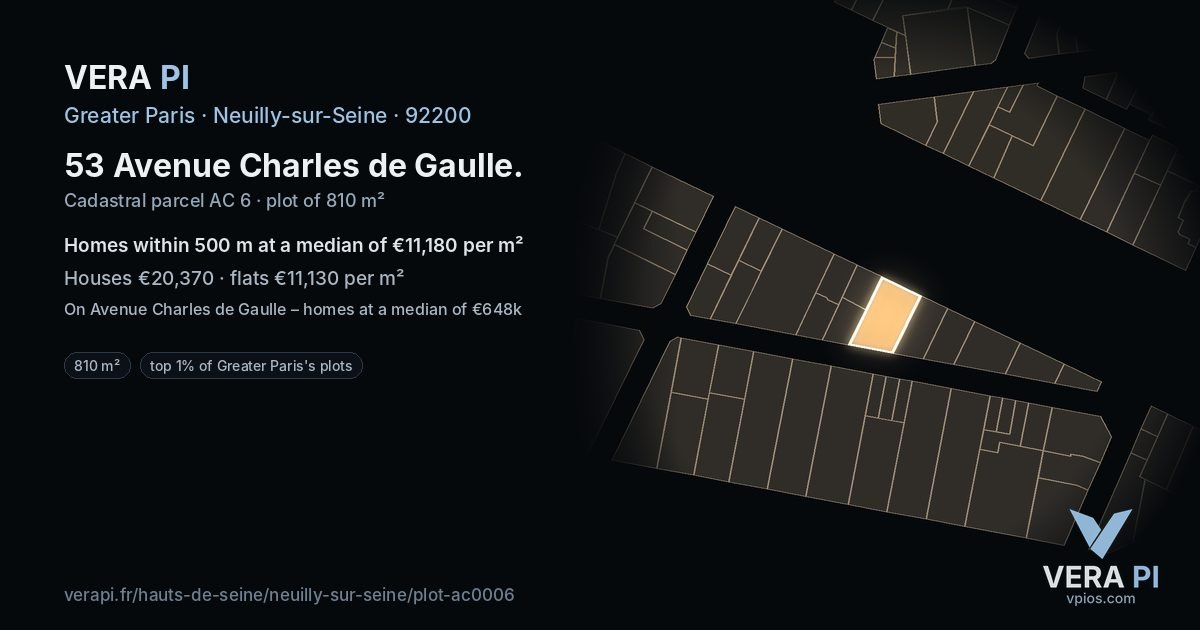 53 Avenue Charles de Gaulle, Neuilly-sur-Seine at night – the plot lit, the parcels around coloured by the prices near them