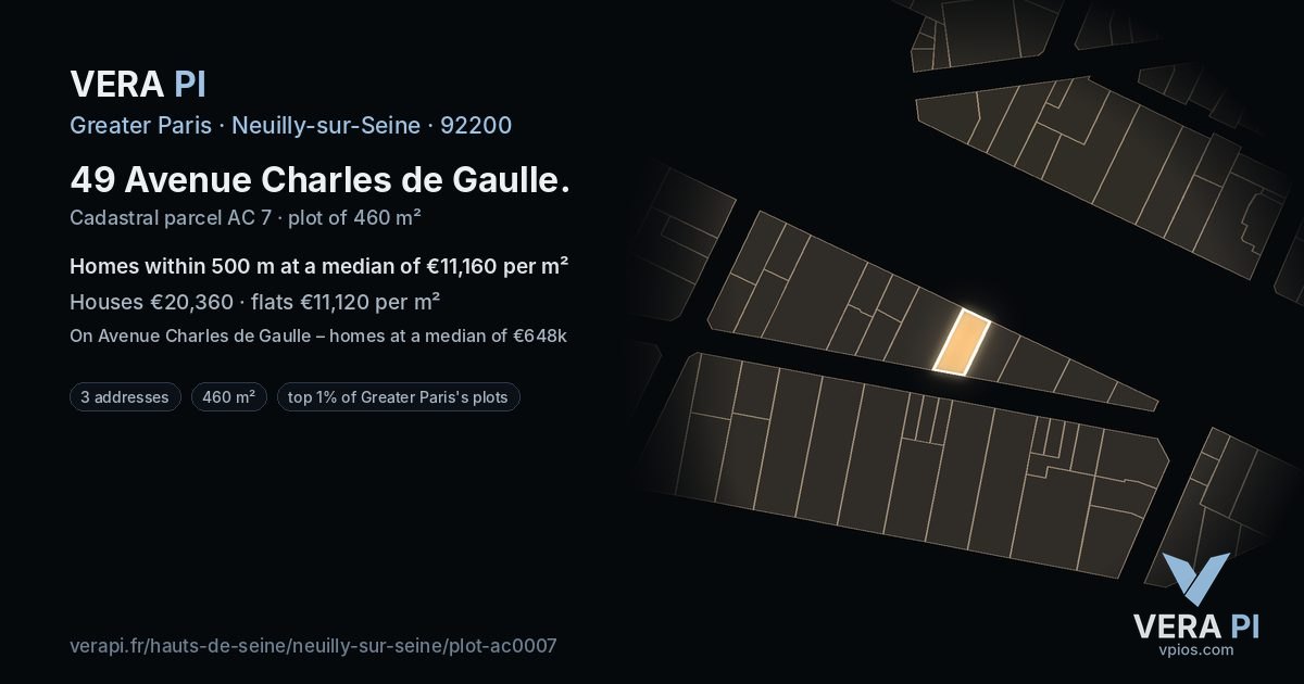 49 Avenue Charles de Gaulle, Neuilly-sur-Seine at night – the plot lit, the parcels around coloured by the prices near them
