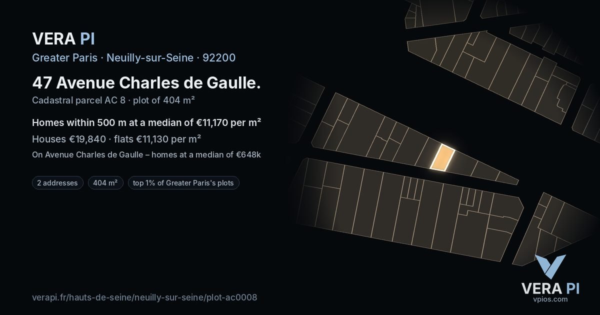 47 Avenue Charles de Gaulle, Neuilly-sur-Seine at night – the plot lit, the parcels around coloured by the prices near them