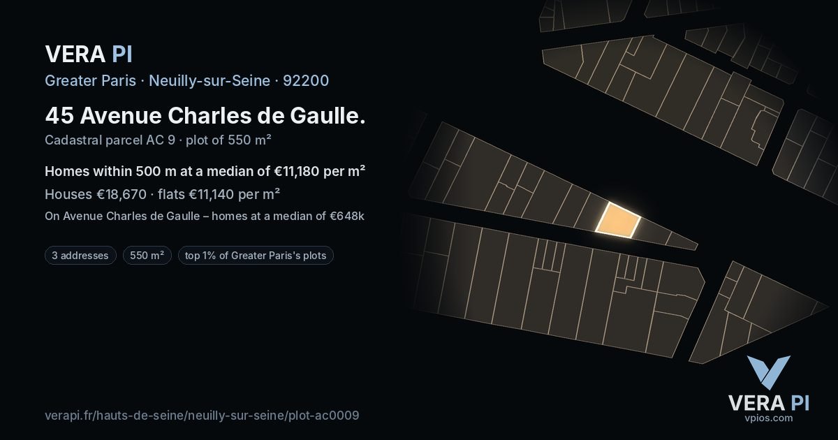 45 Avenue Charles de Gaulle, Neuilly-sur-Seine at night – the plot lit, the parcels around coloured by the prices near them