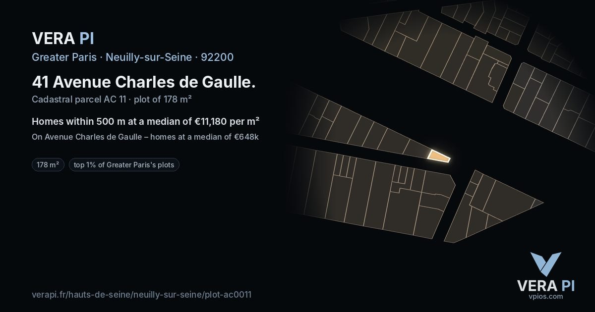 41 Avenue Charles de Gaulle, Neuilly-sur-Seine at night – the plot lit, the parcels around coloured by the prices near them