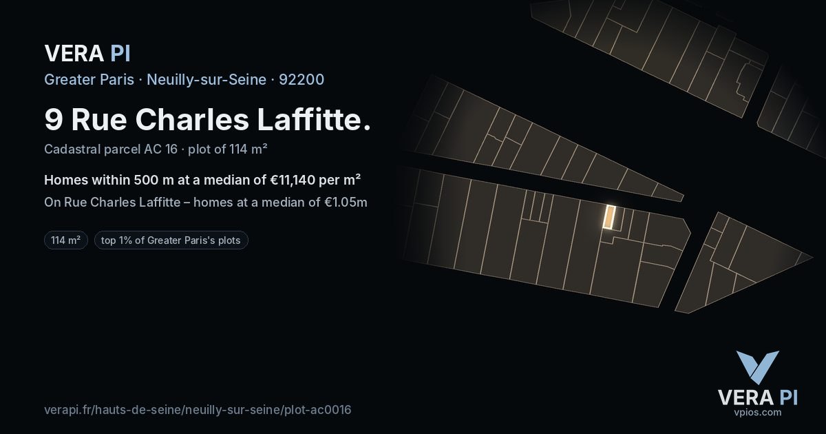 9 Rue Charles Laffitte, Neuilly-sur-Seine at night – the plot lit, the parcels around coloured by the prices near them