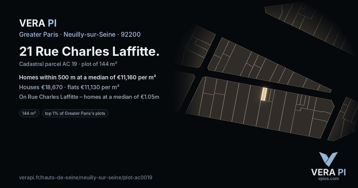 21 Rue Charles Laffitte, Neuilly-sur-Seine at night – the plot lit, the parcels around coloured by the prices near them