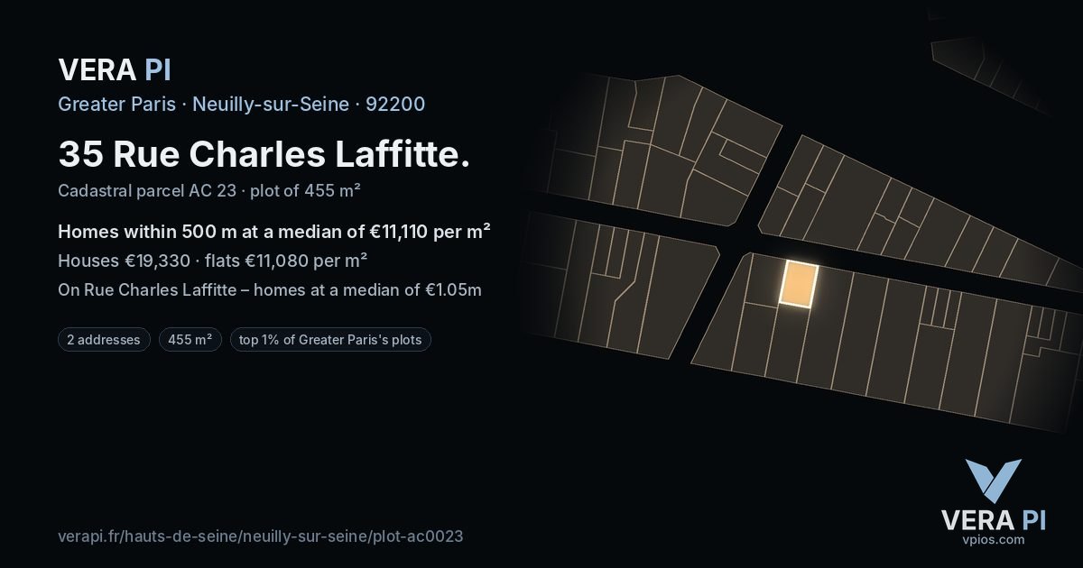 35 Rue Charles Laffitte, Neuilly-sur-Seine at night – the plot lit, the parcels around coloured by the prices near them