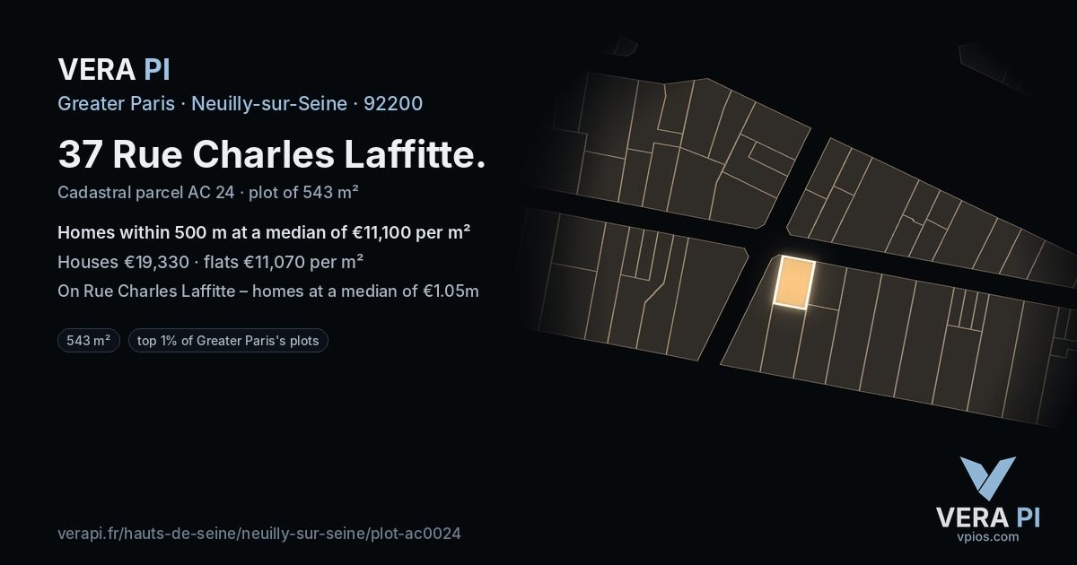 37 Rue Charles Laffitte, Neuilly-sur-Seine at night – the plot lit, the parcels around coloured by the prices near them
