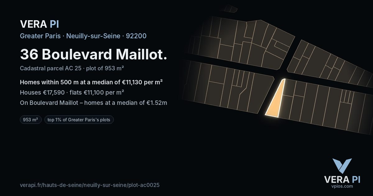 36 Boulevard Maillot, Neuilly-sur-Seine at night – the plot lit, the parcels around coloured by the prices near them