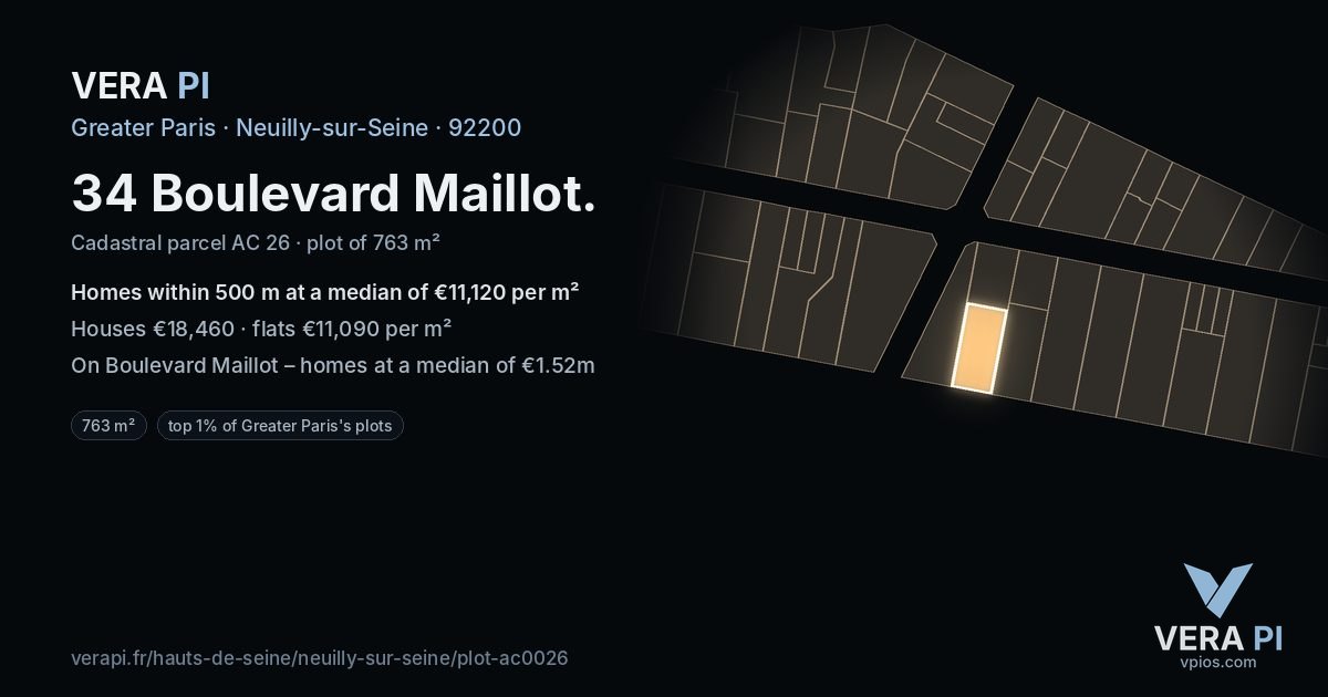 34 Boulevard Maillot, Neuilly-sur-Seine at night – the plot lit, the parcels around coloured by the prices near them