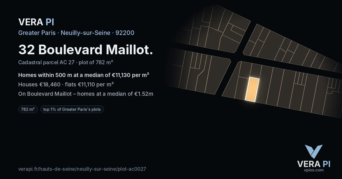 32 Boulevard Maillot, Neuilly-sur-Seine at night – the plot lit, the parcels around coloured by the prices near them