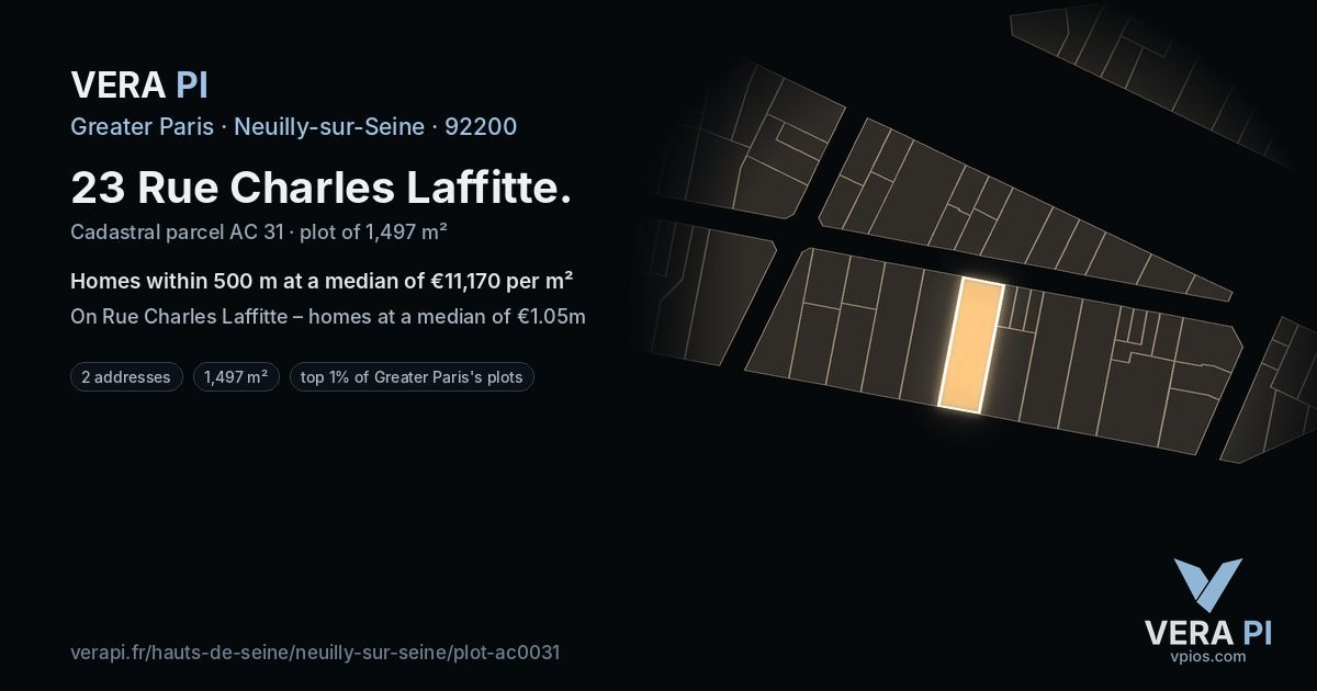 23 Rue Charles Laffitte, Neuilly-sur-Seine at night – the plot lit, the parcels around coloured by the prices near them