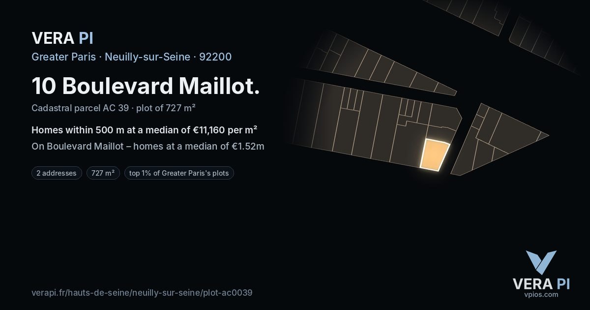 10 Boulevard Maillot, Neuilly-sur-Seine at night – the plot lit, the parcels around coloured by the prices near them