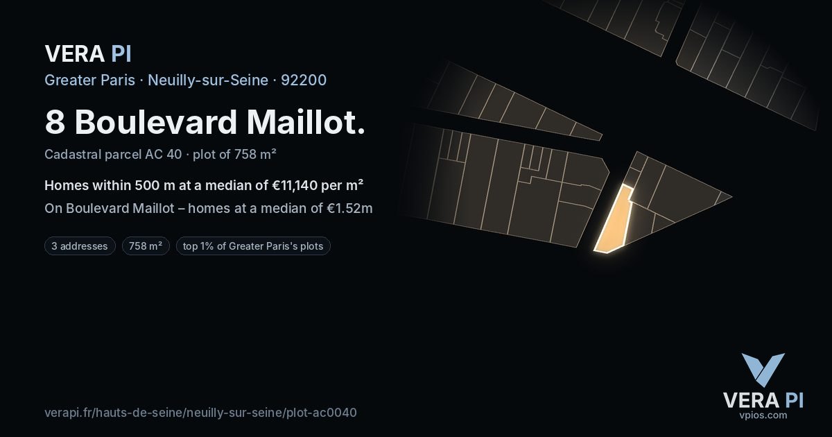 8 Boulevard Maillot, Neuilly-sur-Seine at night – the plot lit, the parcels around coloured by the prices near them