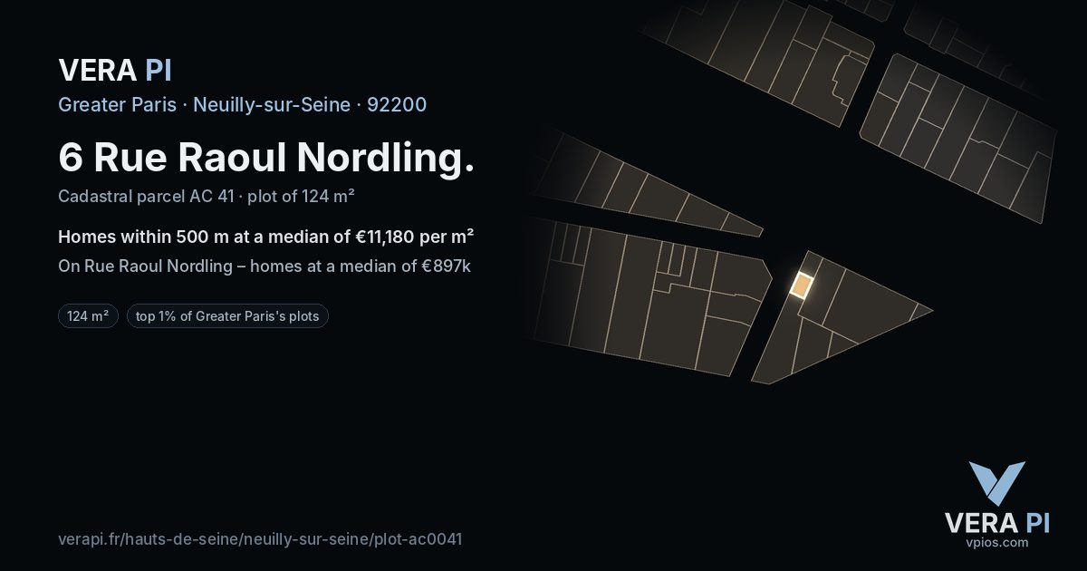 6 Rue Raoul Nordling, Neuilly-sur-Seine at night – the plot lit, the parcels around coloured by the prices near them