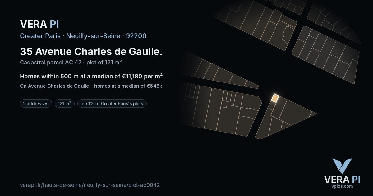 35 Avenue Charles de Gaulle, Neuilly-sur-Seine at night – the plot lit, the parcels around coloured by the prices near them