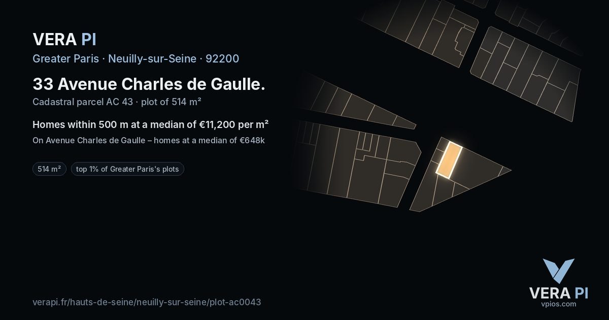 33 Avenue Charles de Gaulle, Neuilly-sur-Seine at night – the plot lit, the parcels around coloured by the prices near them