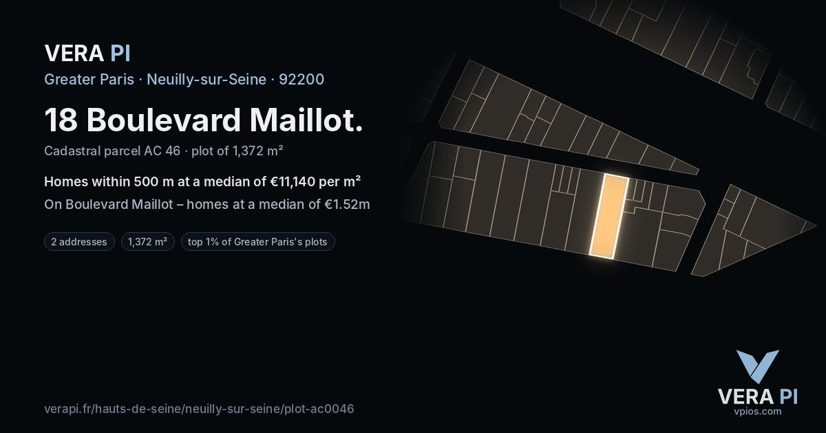 18 Boulevard Maillot, Neuilly-sur-Seine at night – the plot lit, the parcels around coloured by the prices near them
