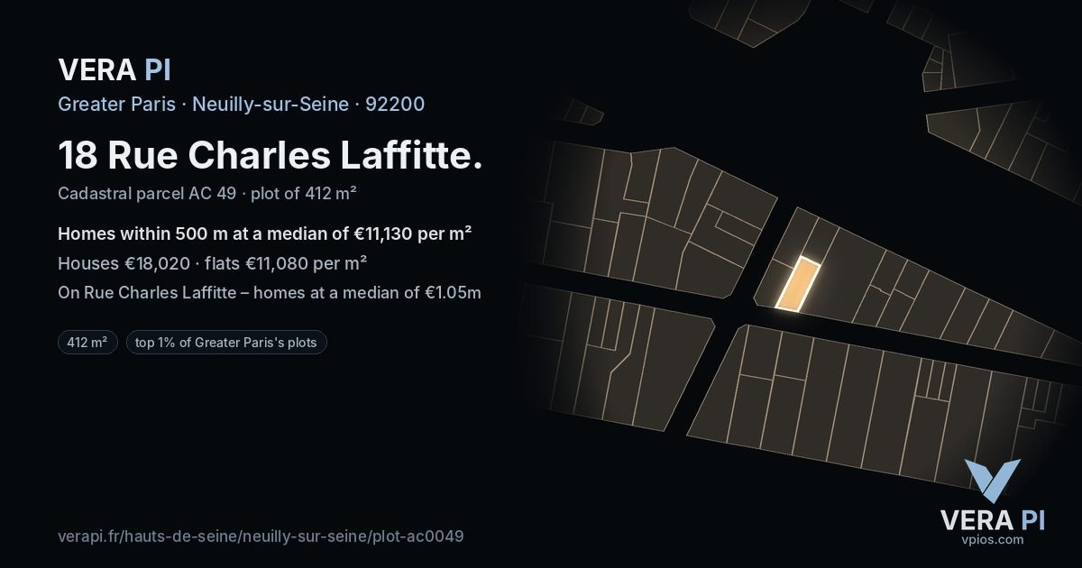 18 Rue Charles Laffitte, Neuilly-sur-Seine at night – the plot lit, the parcels around coloured by the prices near them
