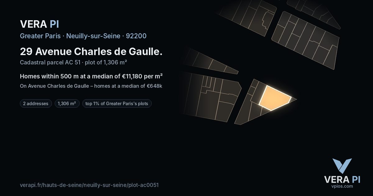 29 Avenue Charles de Gaulle, Neuilly-sur-Seine at night – the plot lit, the parcels around coloured by the prices near them