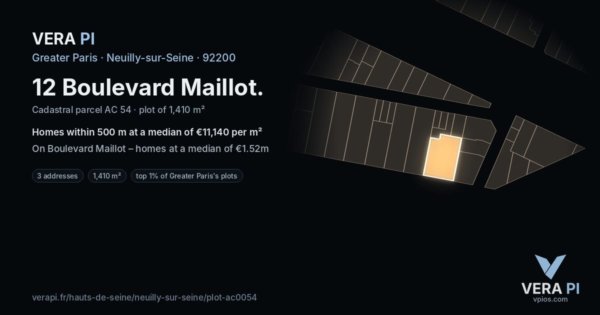 12 Boulevard Maillot, Neuilly-sur-Seine at night – the plot lit, the parcels around coloured by the prices near them