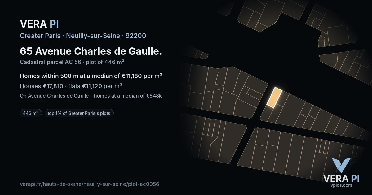 65 Avenue Charles de Gaulle, Neuilly-sur-Seine at night – the plot lit, the parcels around coloured by the prices near them