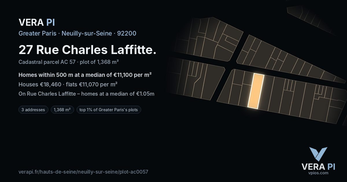 27 Rue Charles Laffitte, Neuilly-sur-Seine at night – the plot lit, the parcels around coloured by the prices near them