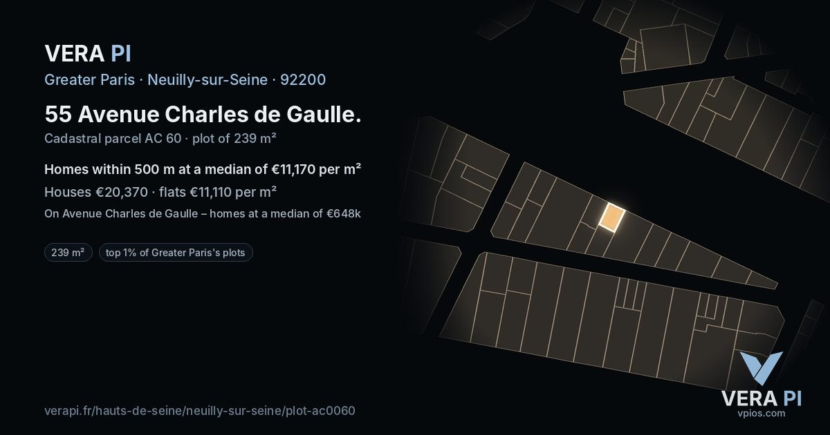 55 Avenue Charles de Gaulle, Neuilly-sur-Seine at night – the plot lit, the parcels around coloured by the prices near them