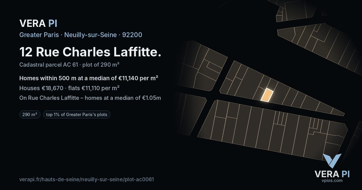 12 Rue Charles Laffitte, Neuilly-sur-Seine at night – the plot lit, the parcels around coloured by the prices near them