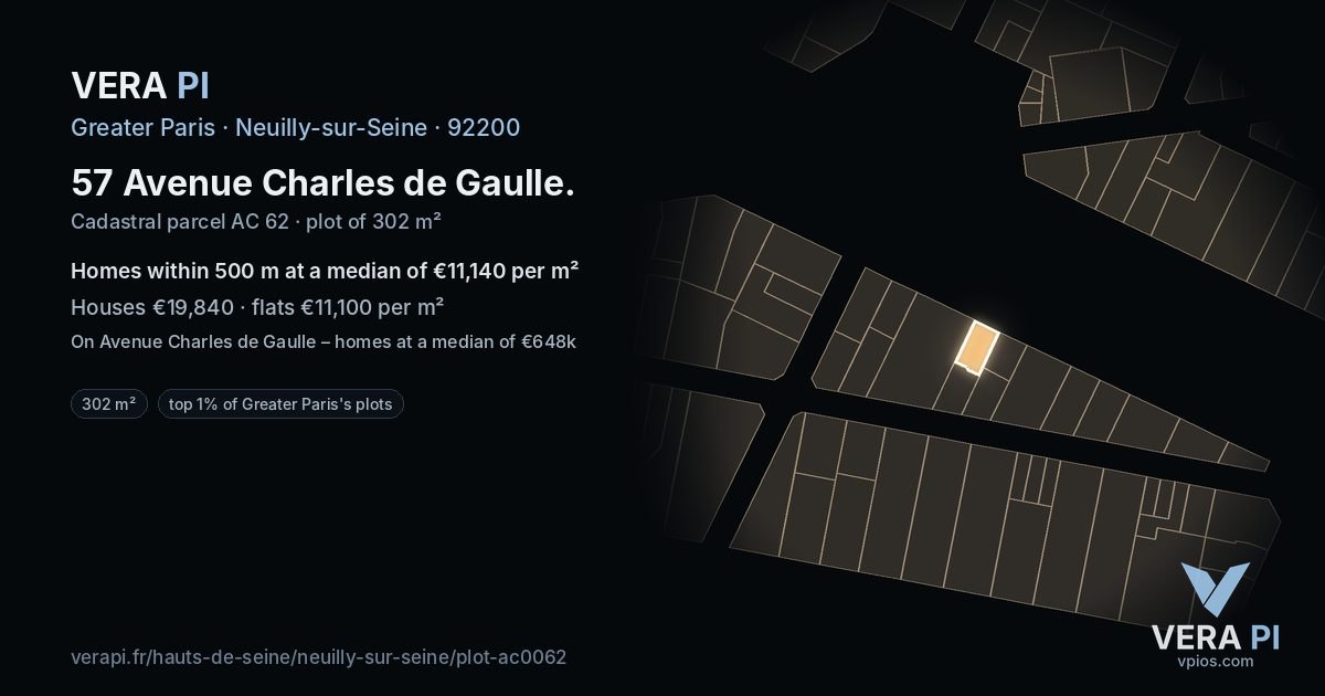 57 Avenue Charles de Gaulle, Neuilly-sur-Seine at night – the plot lit, the parcels around coloured by the prices near them