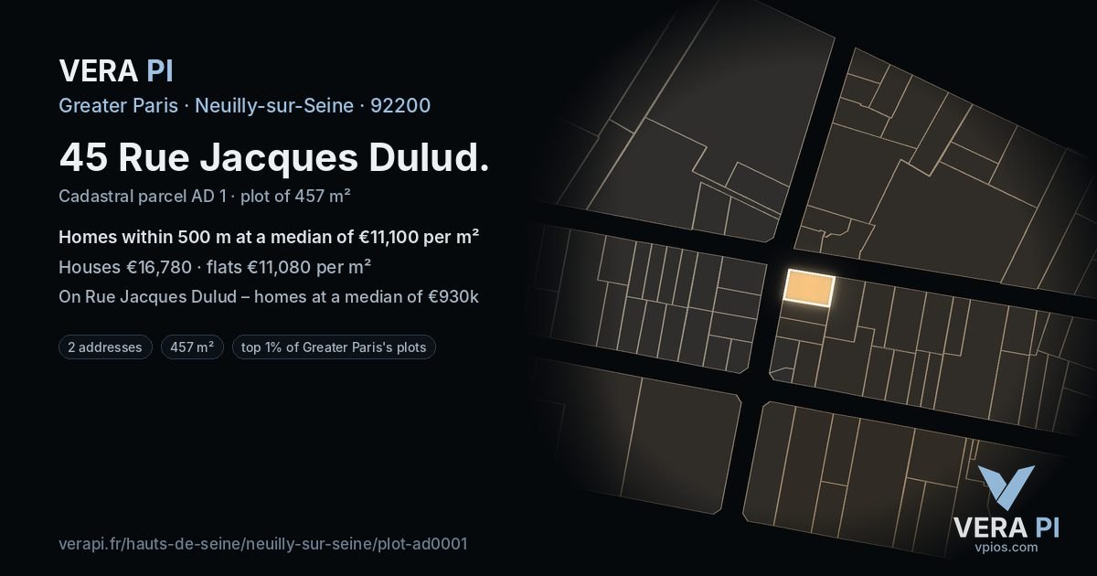 45 Rue Jacques Dulud, Neuilly-sur-Seine at night – the plot lit, the parcels around coloured by the prices near them