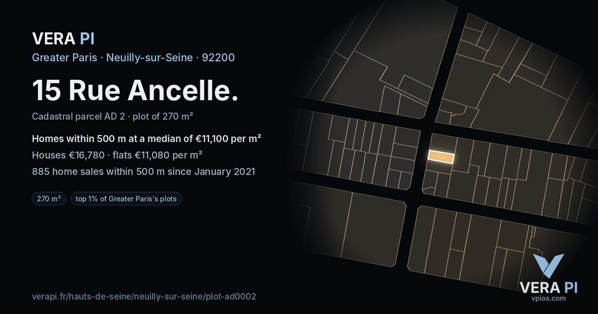 15 Rue Ancelle, Neuilly-sur-Seine at night – the plot lit, the parcels around coloured by the prices near them