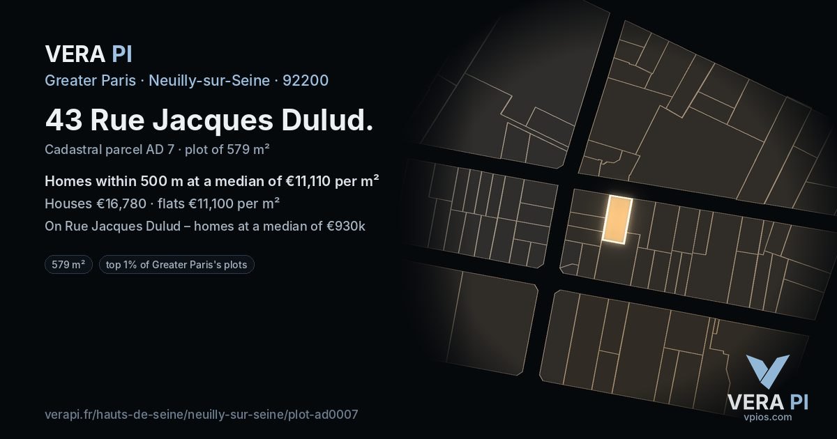 43 Rue Jacques Dulud, Neuilly-sur-Seine at night – the plot lit, the parcels around coloured by the prices near them