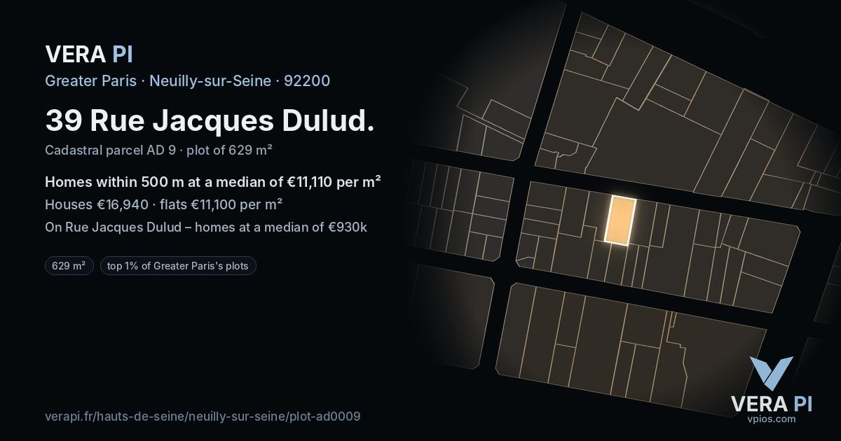 39 Rue Jacques Dulud, Neuilly-sur-Seine at night – the plot lit, the parcels around coloured by the prices near them