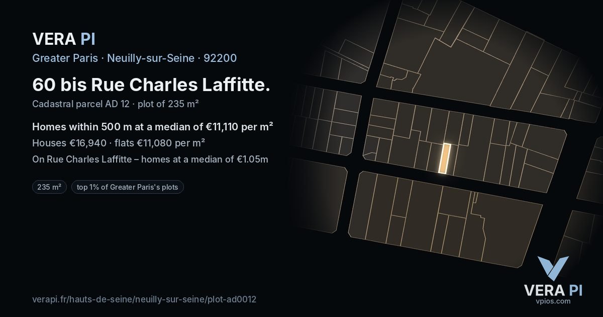 60 bis Rue Charles Laffitte, Neuilly-sur-Seine at night – the plot lit, the parcels around coloured by the prices near them