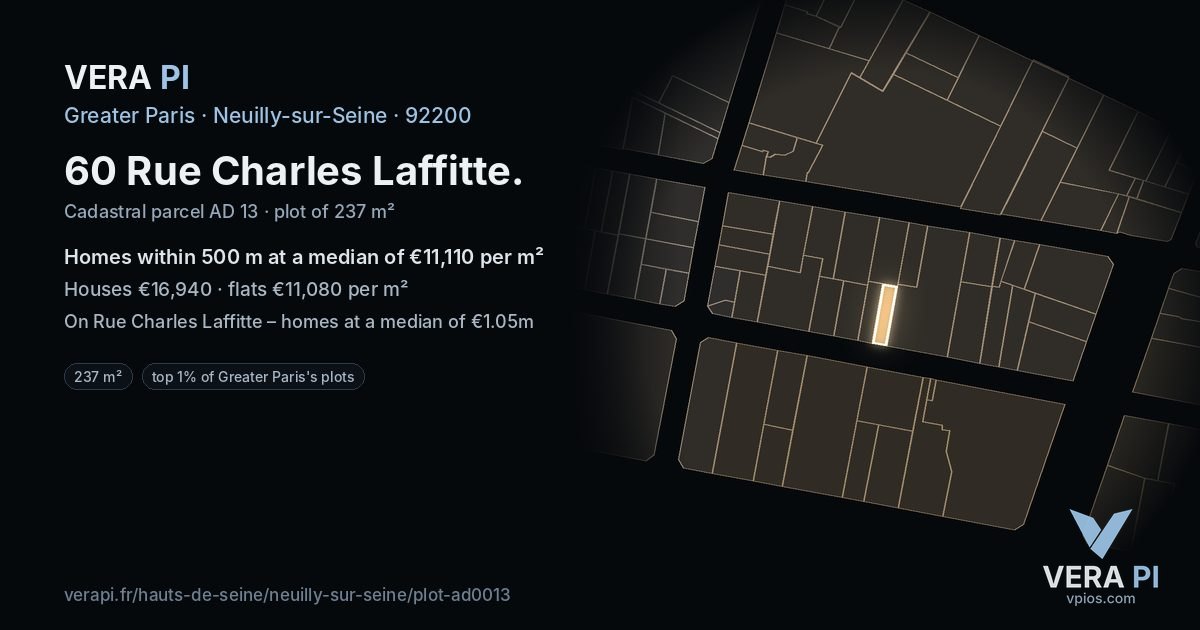 60 Rue Charles Laffitte, Neuilly-sur-Seine at night – the plot lit, the parcels around coloured by the prices near them