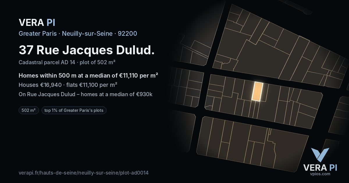 37 Rue Jacques Dulud, Neuilly-sur-Seine at night – the plot lit, the parcels around coloured by the prices near them