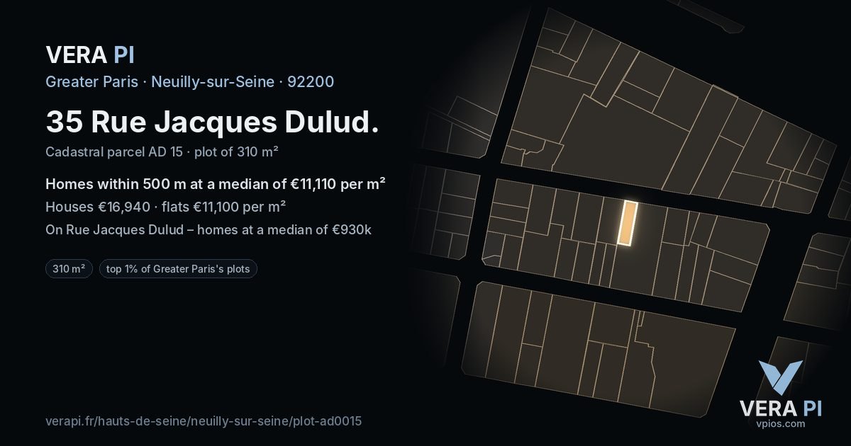 35 Rue Jacques Dulud, Neuilly-sur-Seine at night – the plot lit, the parcels around coloured by the prices near them