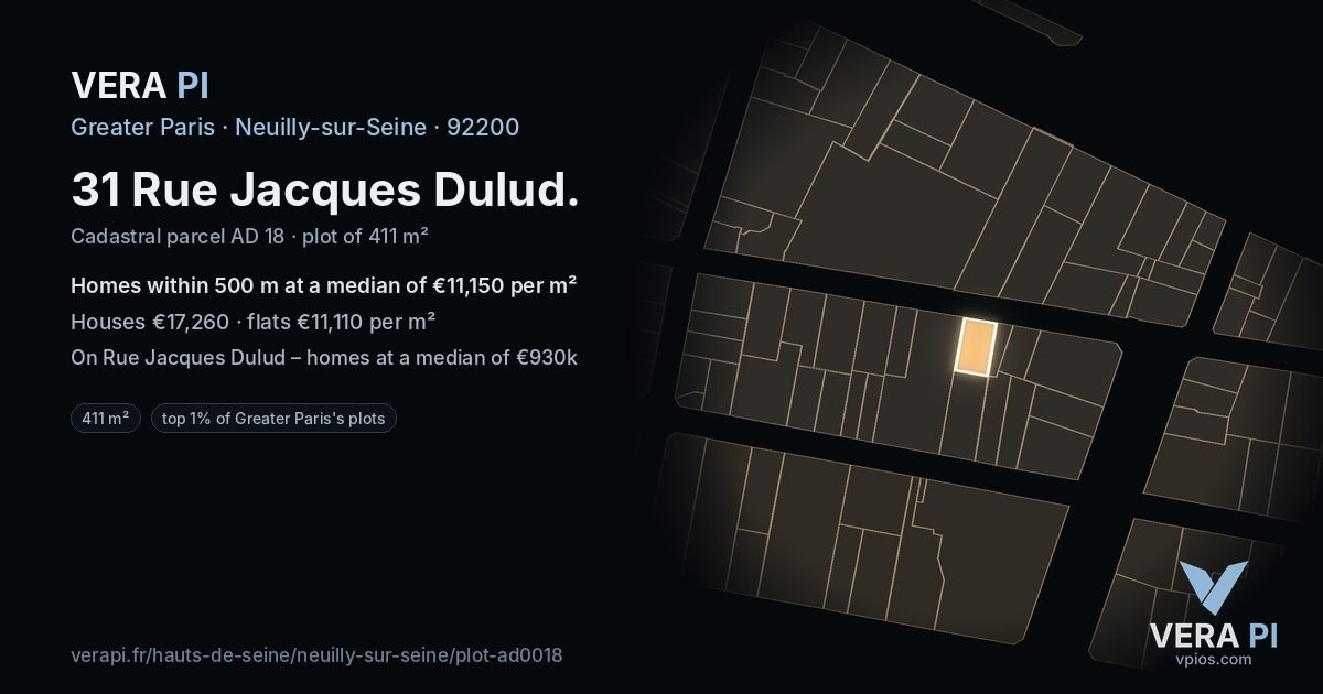 31 Rue Jacques Dulud, Neuilly-sur-Seine at night – the plot lit, the parcels around coloured by the prices near them